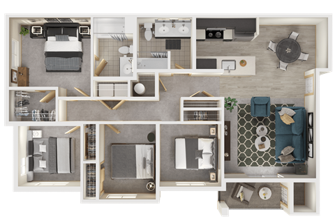 Floor plan for 4 beds, 2 baths, 1432 sqft